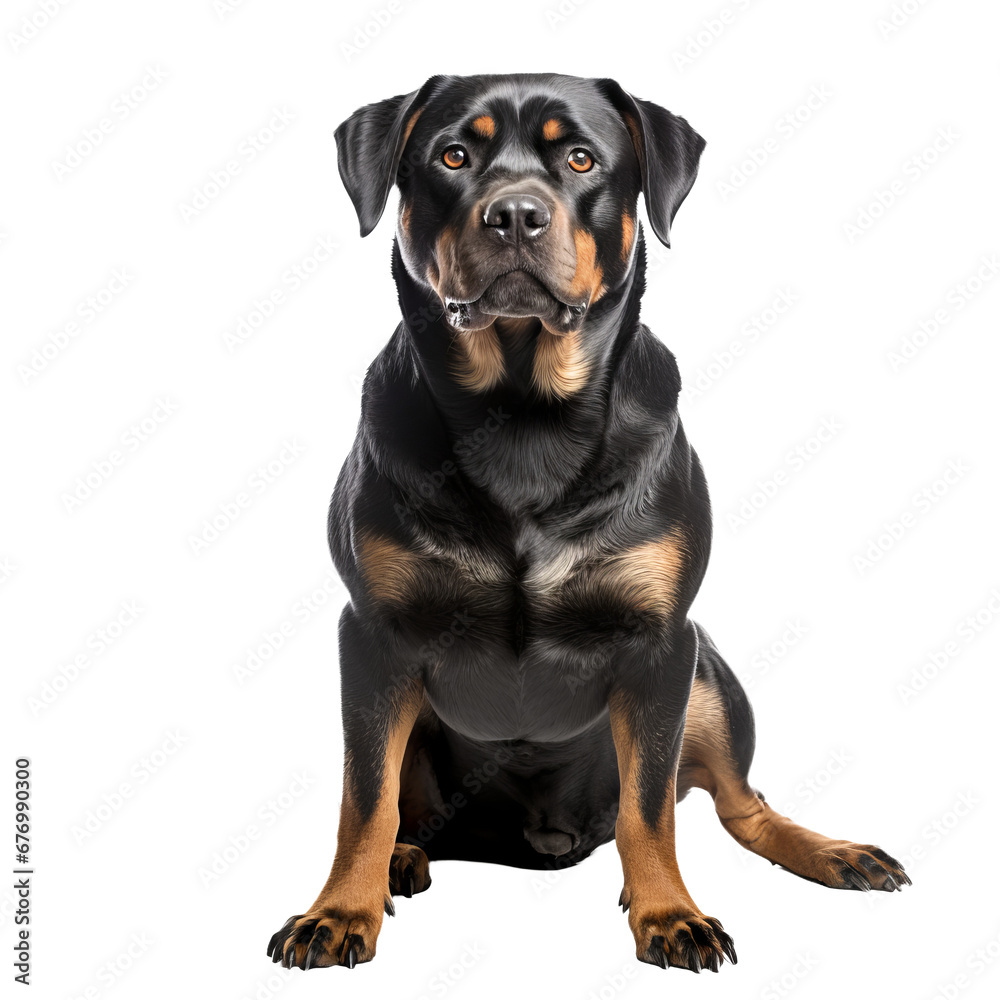 Rottweiler dog displayed in full body stance, with a clear, transparent background highlighting its muscular frame and distinct markings.