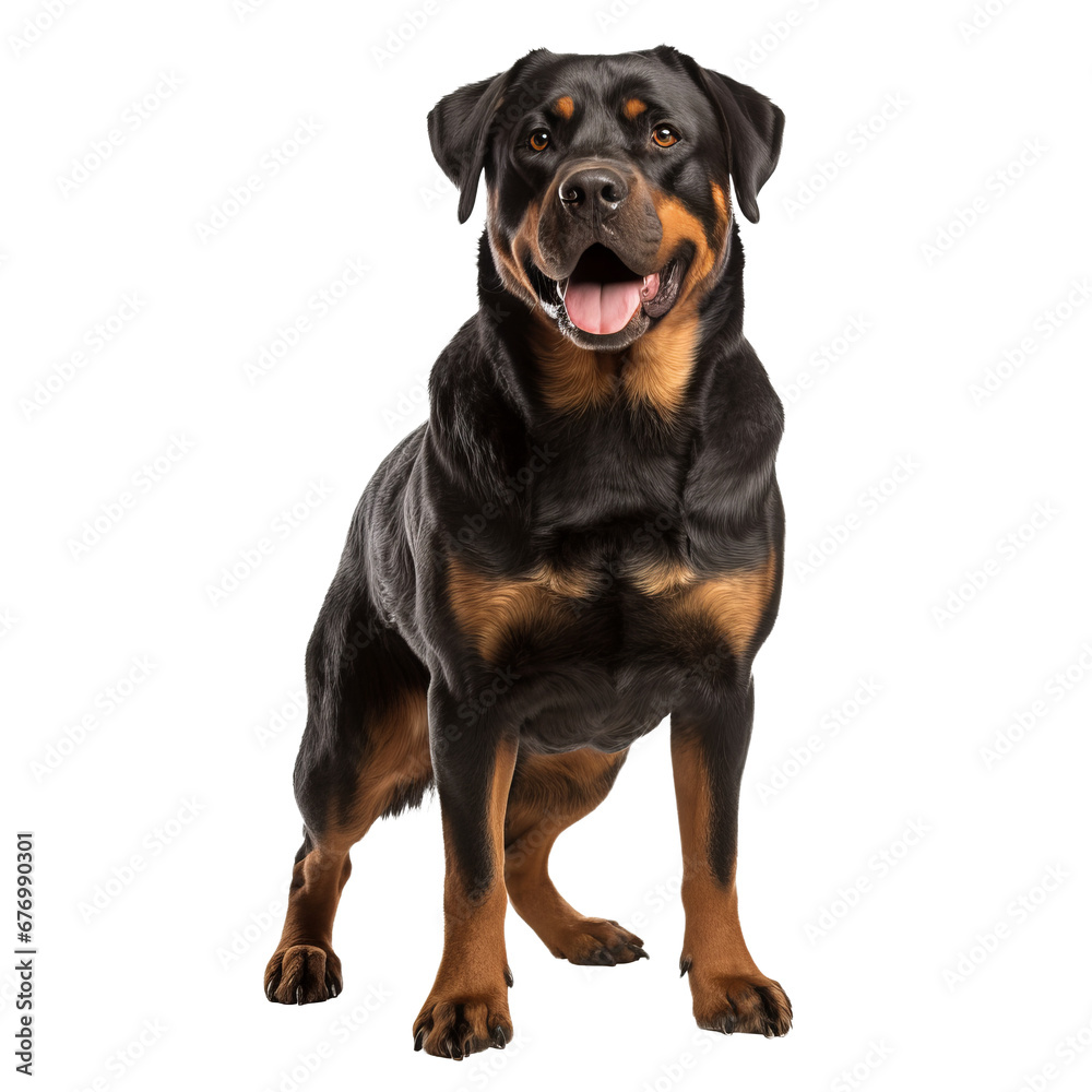 Rottweiler dog in full stance, detailed muscular build, sleek black and tan fur coat on a transparent backdrop.