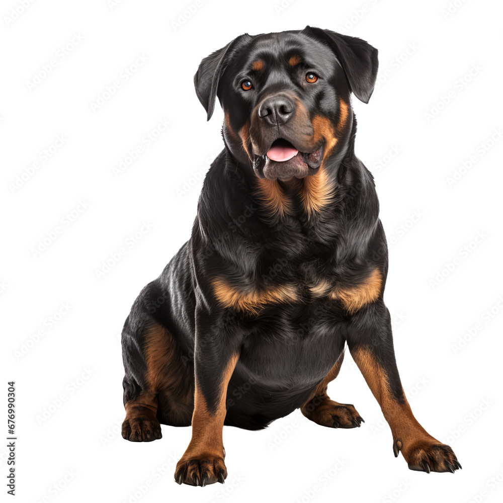 Rottweiler dog stands in full profile view, its muscular body and black fur with tan markings clearly seen against a transparent backdrop. Rottweiler dog stands in full profile view, its muscular body and black fur with tan markings clearly seen against a transparent backdrop.