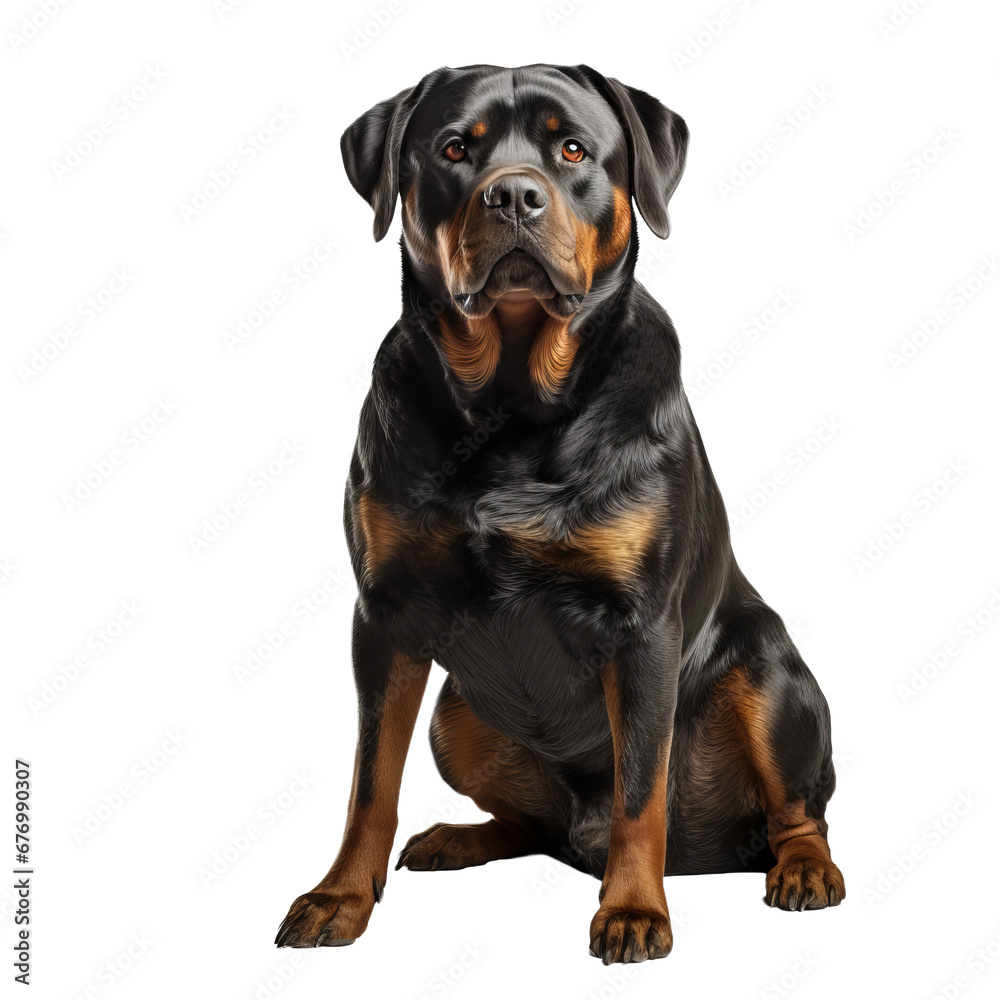 Rottweiler standing in profile, showcasing its muscular full body, with a sleek black and tan coat. The image has a transparent background.