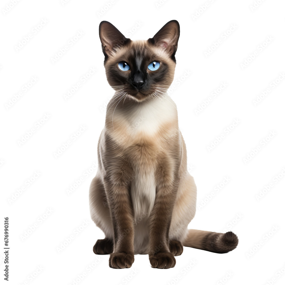 Siamese cat depicted in full body stance, elegantly poised with striking blue eyes, sleek coat, and distinct color points, set against a transparent backdrop.