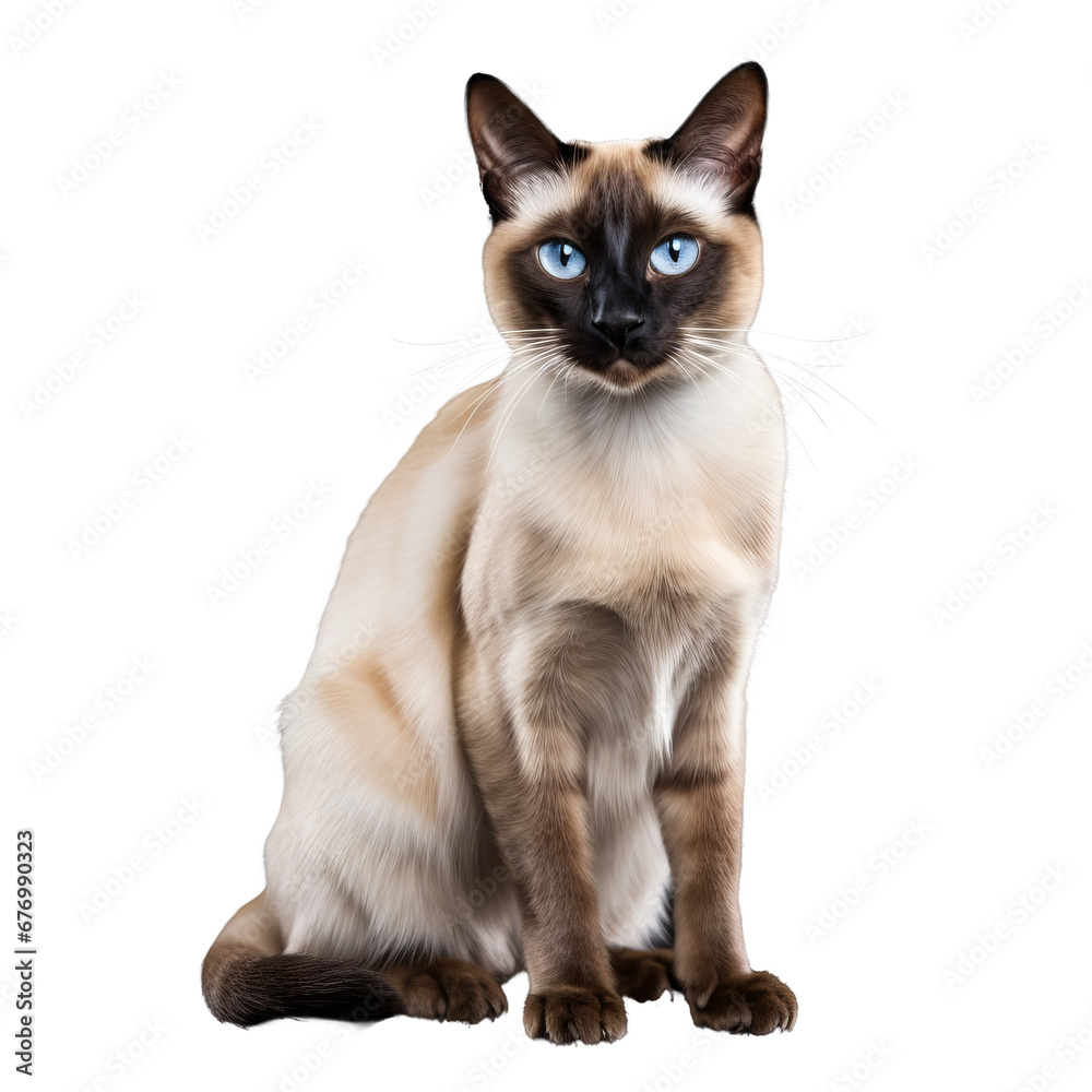 Siamese cat with striking blue eyes and sleek cream coat, poised gracefully, full body display on a transparent background.