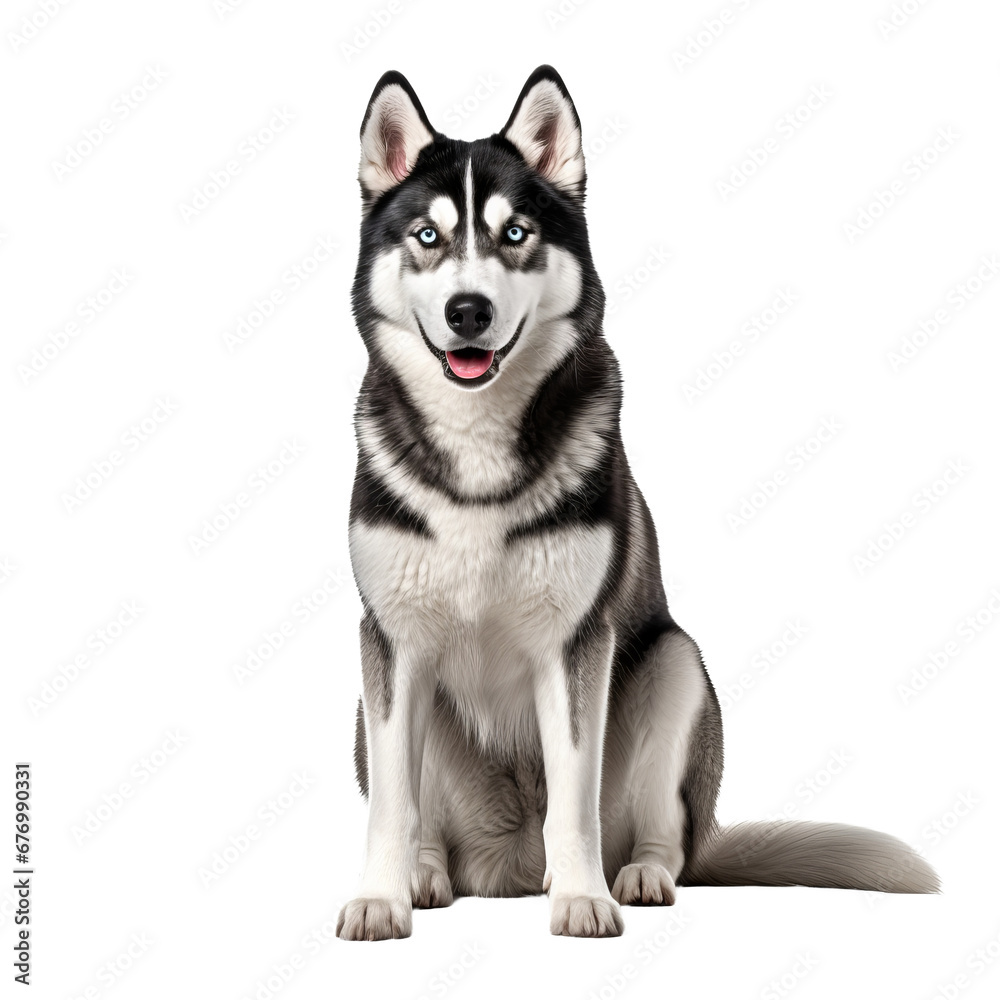 Siberian husky dog shown in full body stance on a transparent background, featuring its distinct thick fur and piercing eyes.