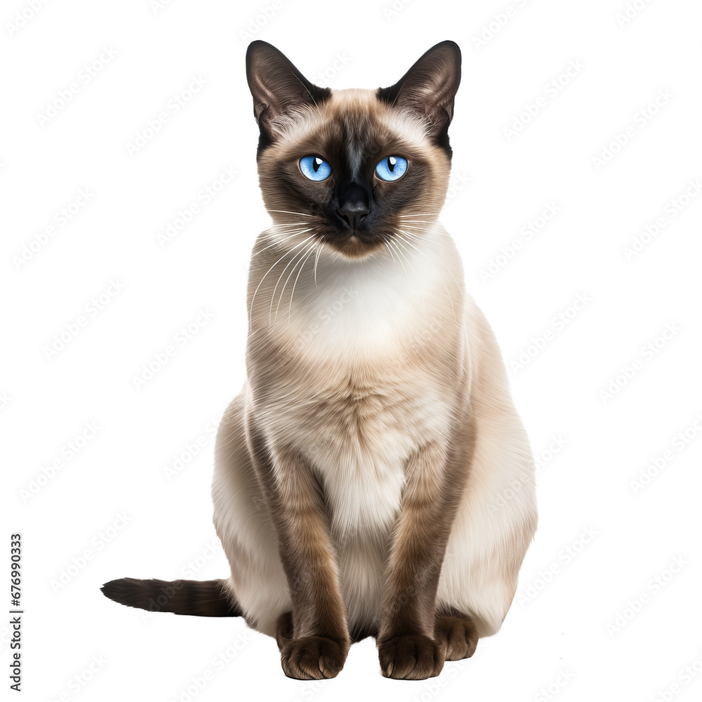 Siamese cat in full-body view, poised and graceful, with a sleek coat, vivid blue eyes, and striking color points, isolated against a transparent background.
