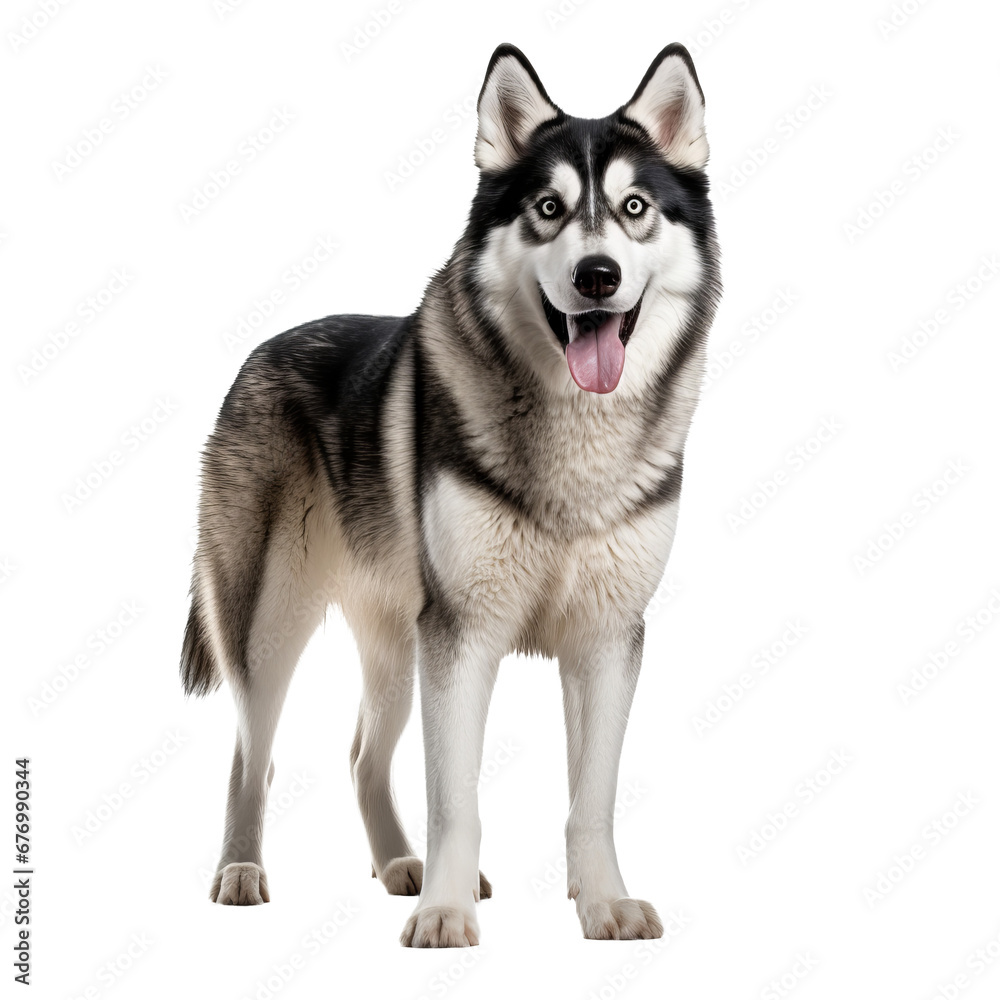 Siberian husky, full body visible, stands alert with piercing eyes and lush fur, showcased against a transparent backdrop.
