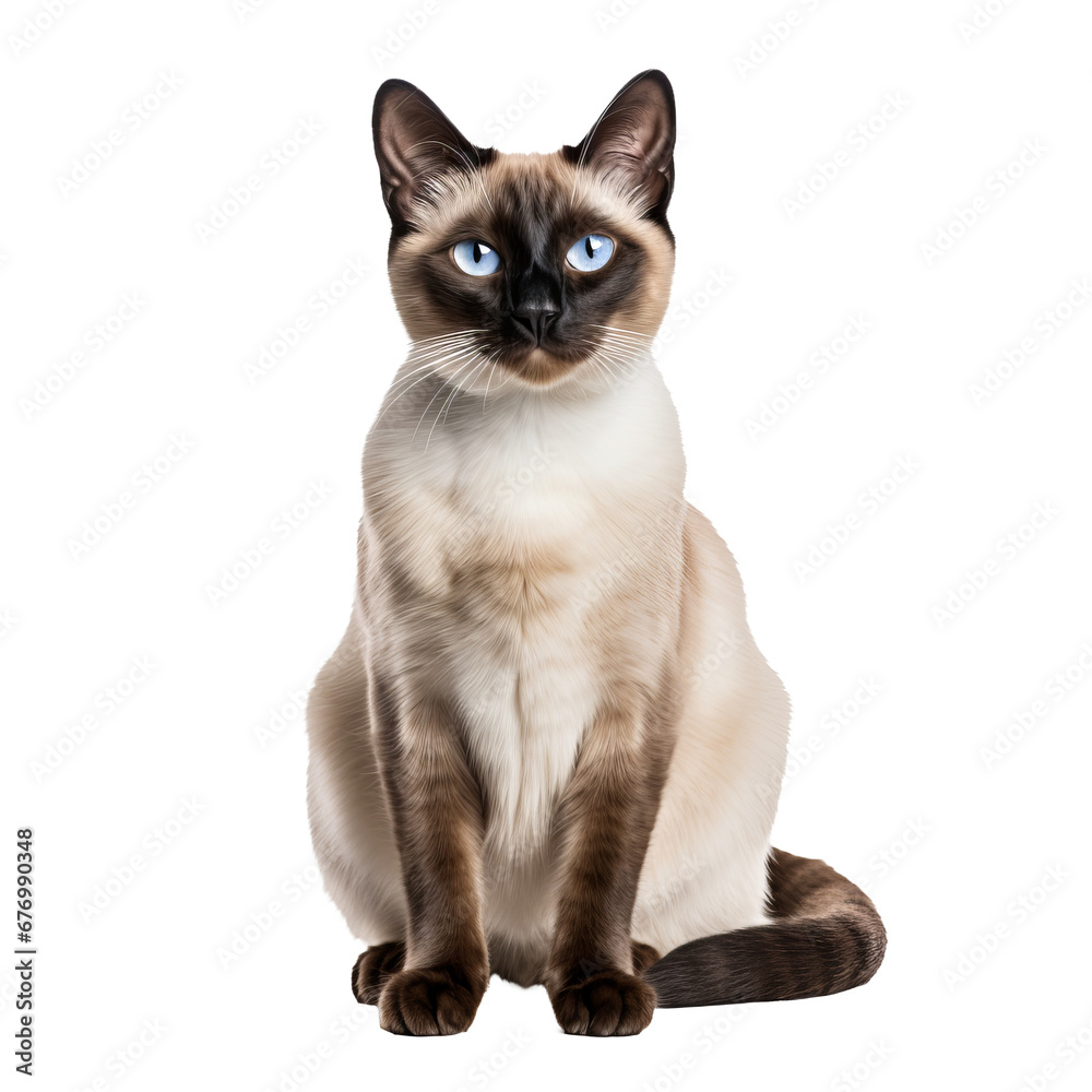 Siamese cat with sleek fur and striking blue eyes, displaying its full body posture, gracefully positioned against a transparent background.