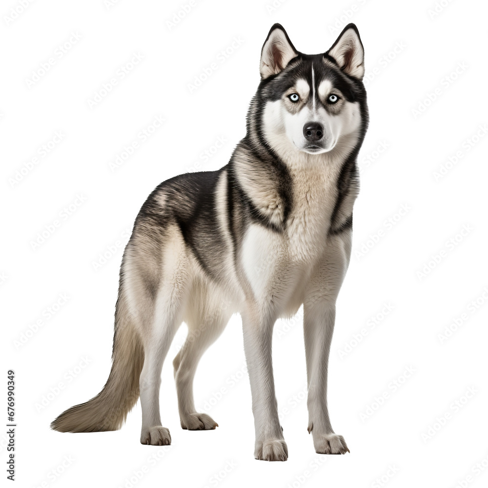 Siberian Husky dog, full body visible, stands alert on a transparent background, showcasing its thick fur and piercing blue eyes.