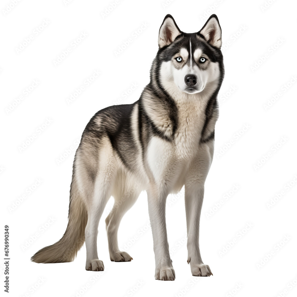 Siberian Husky dog, full body visible, stands alert on a transparent background, showcasing its thick fur and piercing blue eyes. Siberian Husky dog, full body visible, stands alert on a transparent background, showcasing its thick fur and piercing blue eyes.