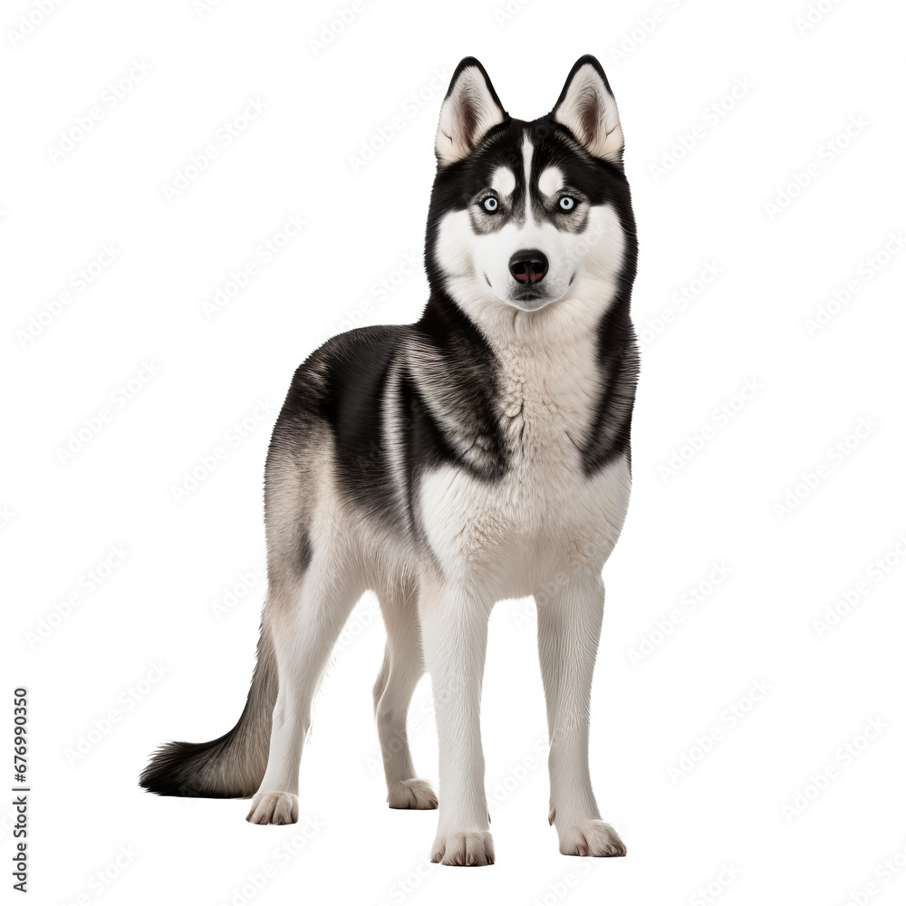 A full-body image of a Siberian Husky dog with a thick coat and piercing eyes, displayed on a clear, transparent background.