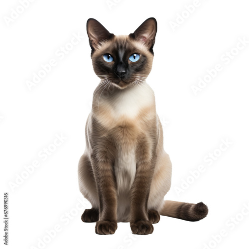 Siamese cat depicted in full body stance, elegantly poised with striking blue eyes, sleek coat, and distinct color points, set against a transparent backdrop. © Nika