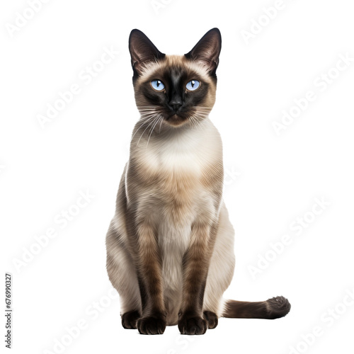 A Siamese cat with sleek fur and piercing blue eyes stands in full view against a transparent background, showcasing its elegant body and distinctive color points.