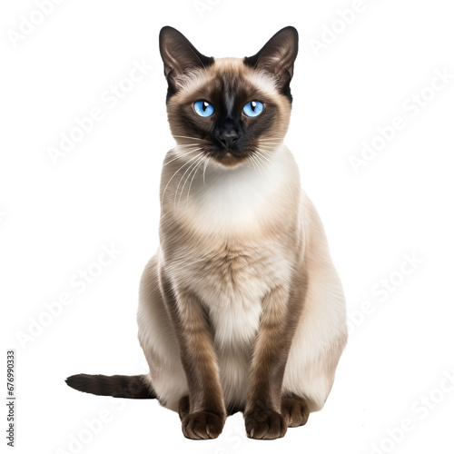 Siamese cat in full-body view, poised and graceful, with a sleek coat, vivid blue eyes, and striking color points, isolated against a transparent background.