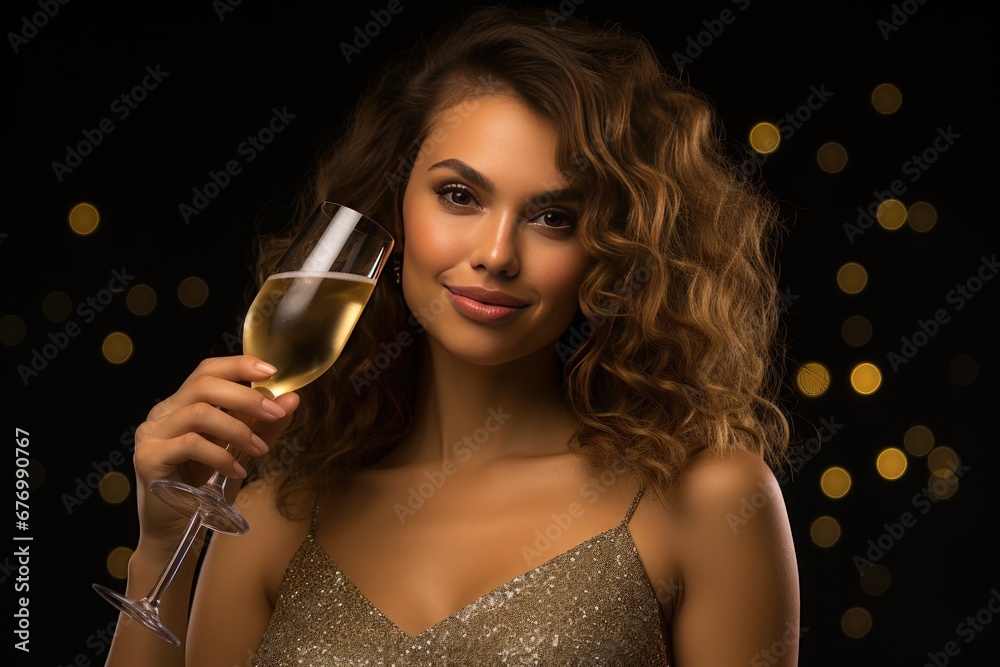 beautiful young woman with a glass of champagne celebrates the new year