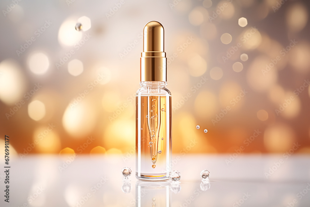 Gold skincare drops: Serum droplet with air bubbles on a white background. Bright image. Gold skincare drops: Serum droplet with air bubbles on a white background. Bright image.