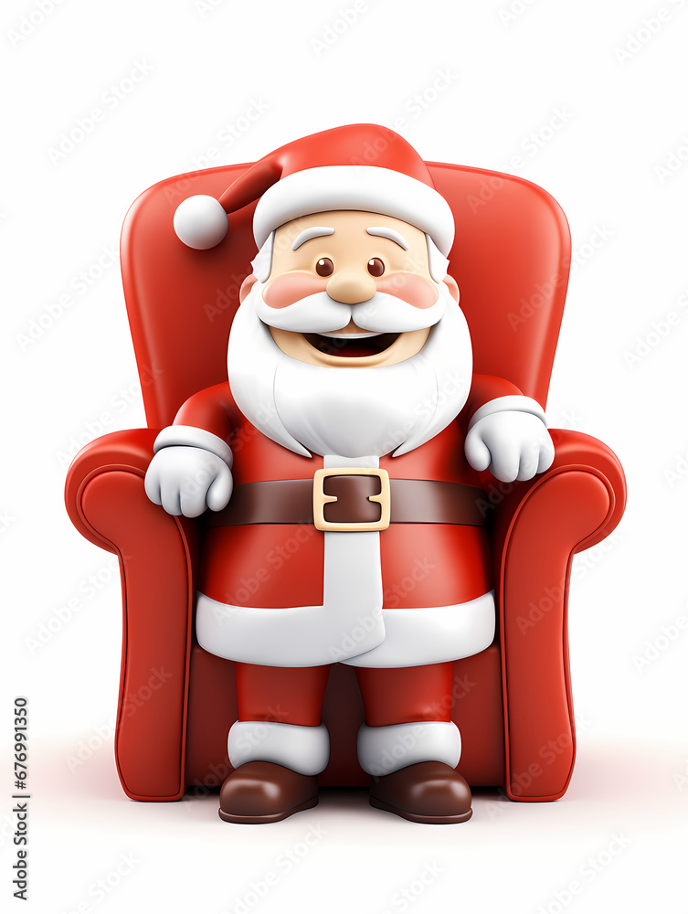 Whimsical 3D Cartoon Santa Claus Sitting on Red Chair Against Isolated White Background - Perfect for Seasonal Greetings and Playful Holiday Designs Whimsical 3D Cartoon Santa Claus Sitting on Red Chair Against Isolated White Background - Perfect for Seasonal Greetings and Playful Holiday Designs