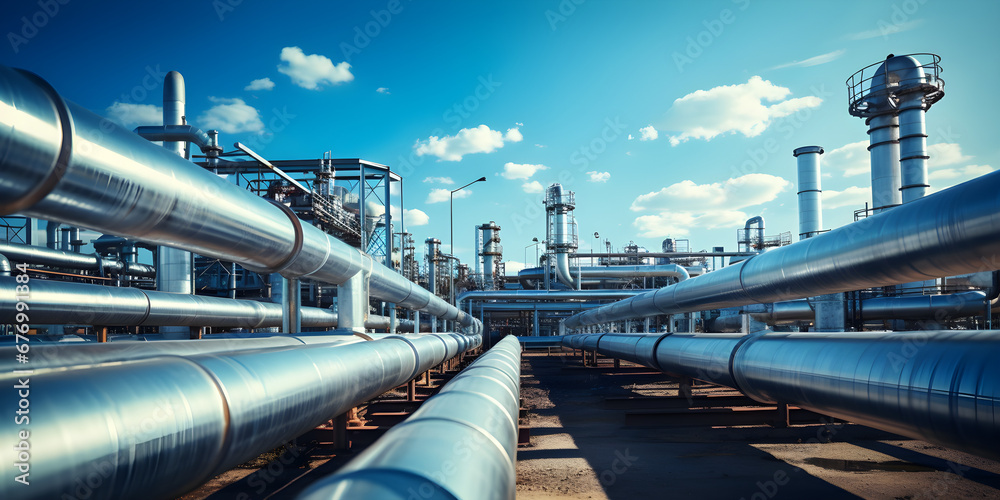 Sunny day outside view of an industrial metal pipeline at an oil and gas factory with a blue sky ? industrial factory wallpaper, Sunny day outside view of an industrial metal pipeline at an oil and gas factory with a blue sky ? industrial factory wallpaper,