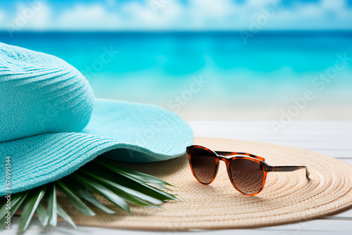 Tropical escape concept: Striped towel, sunglasses with sky reflection, straw hat, and palm leaves against white sand and turquoise ocean. Maldivian island vibes.