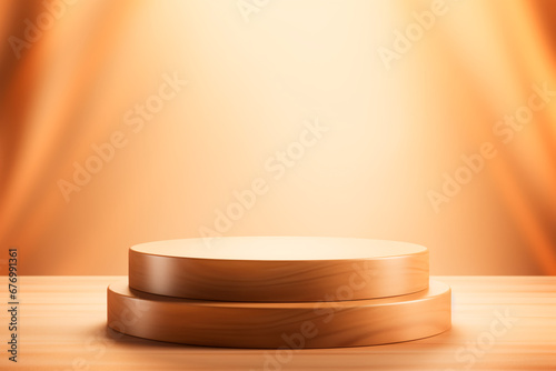 Circular wooden podium with soft golden-brown backlighting and a touch of haze, creating an elegant and atmospheric setting.