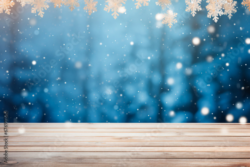 Snowy winter stage with wooden flooring, Christmas lights on a blue backdrop. Banner format, bright image, and ample copy space.  © Uliana