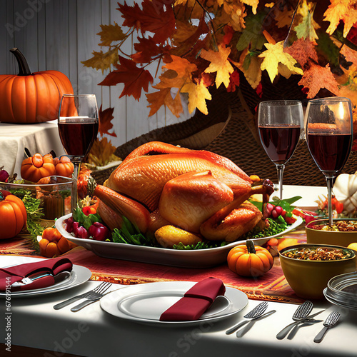 Thanksgiving dinner holiday table set with turkey, pumpkins and fall harvest decorations
