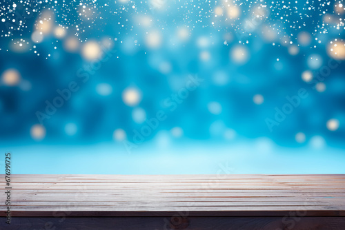 Snowy winter stage with wooden flooring, Christmas lights on a blue backdrop. Banner format, bright image, and ample copy space.  © Uliana