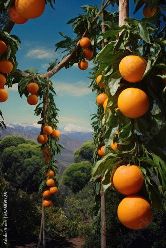 fresh oranges on hanging branch.