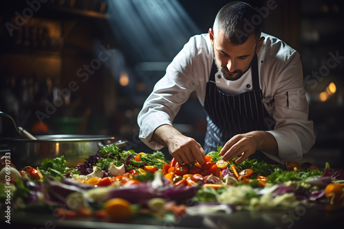 A male chef is preparing a vegetarian vegetable dish in a professional kitchen, photo