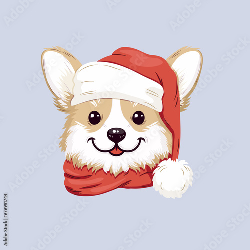 Uroczy piesek rasy corgi w czapce Świętego Mikołaja. Ilustracja świąteczna.