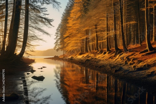 trees stand on the shore near a river