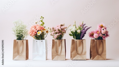  paper bag with flowers against sashay pink background photo