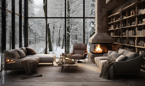 The cozy living room of a modern house in the woods, fireplace, bookshelves, wintertime, snowfall - Generative AI