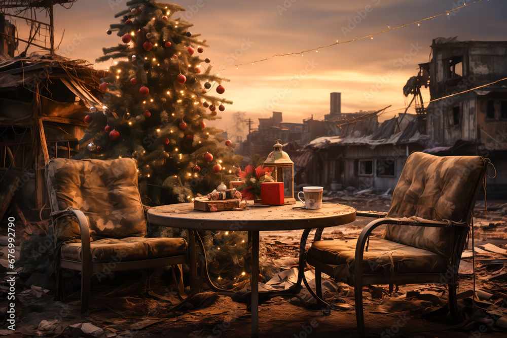 Post-apocalyptic Christmas, tree with lights, empty chairs, ruins, nuclear destruction - obrazy, fototapety, plakaty 