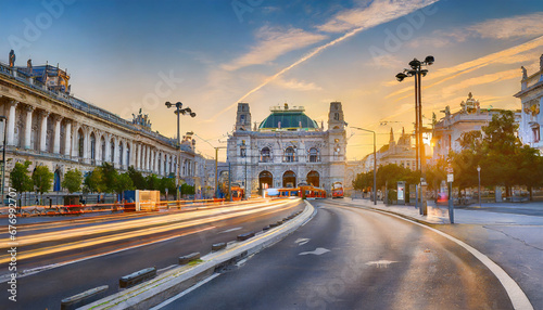 Wiener Ringstrasse with Burgtheater and tram at sunrise, Vienna, Austria