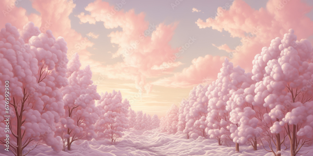 Winter white snow fantasy landscape, fluffy trees, pink sky, banner, background, marshmallow style - obrazy, fototapety, plakaty 