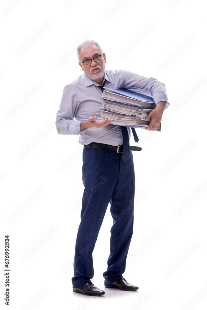 Old businessman holding papers isolated on white Old businessman holding papers isolated on white