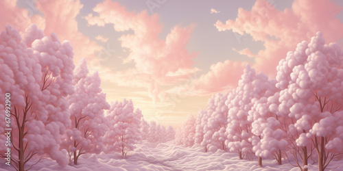 Winter white snow fantasy landscape, fluffy trees, pink sky, banner, background, marshmallow style