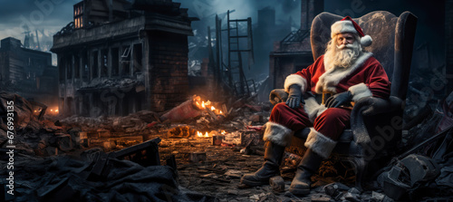 Post-apocalyptic Christmas, Santa Claus sits in a chair in the ruins, night, wide banner, nuclear destruction, copyspace