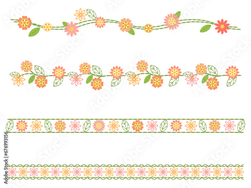 刺繍風のカラフルな花のラインセット