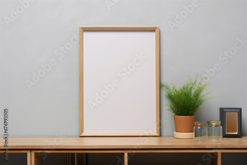 Wood Frame Poster Frame Mockup in Natural Modern Living Room Shelf, Full of Plants, Decor and Decorations, Generative AI