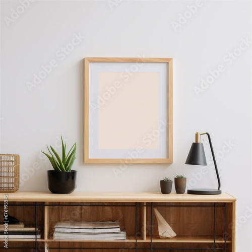 Wood Frame Poster Frame Mockup in Natural Modern Living Room Shelf, Full of Plants, Decor and Decorations, Generative AI © HRTNT Media