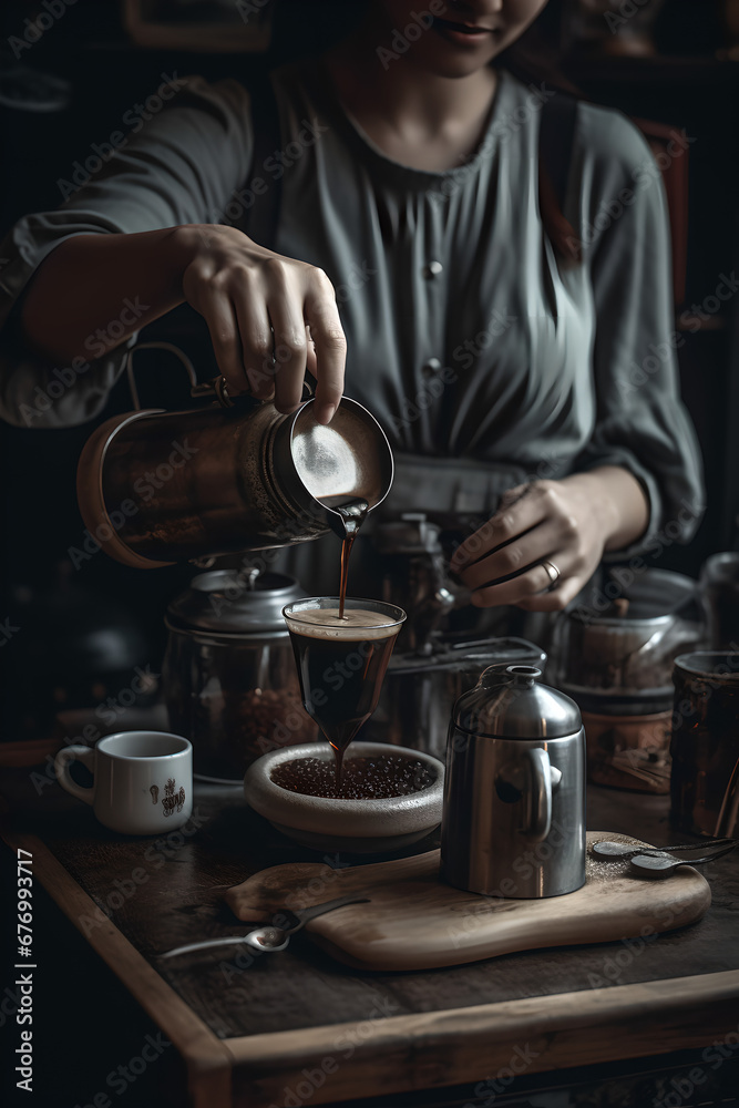 A close up of coffee being prepared by a woman