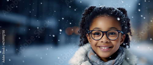 Winter themed young girl wearing glasses with room for copy space created with Generative AI technology