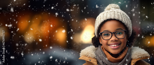 Winter themed young girl wearing glasses with room for copy space created with Generative AI technology