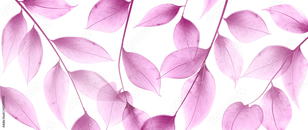 Luxury art background with transparent leaves on a branch in watercolor style in pink or purple. Botanical banner for decoration, wallpaper, print, textile, interior design, packaging.