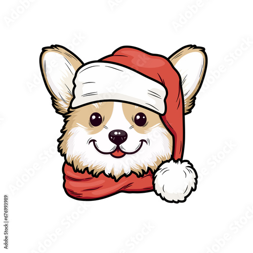 Uroczy piesek rasy corgi w czapce Świętego Mikołaja. Ilustracja świąteczna.