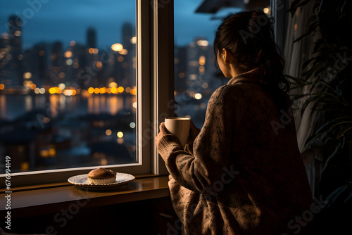 A back view of a beauty young woman standing by a window with a cityscape view, gazing out at winter lights, holding a cup of tea, and capturing the reflective and serene moments of the evening. 