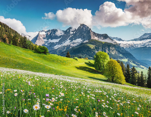 Idyllic mountain scenery in the Alps with lush blooming meadows in springtime