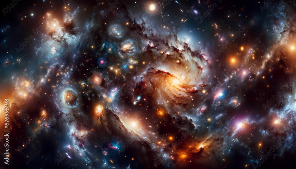 A vibrant cosmic scene with a swirling galaxy center, stars, and nebulae in a spectrum of blues, whites, and oranges against the dark backdrop of space.