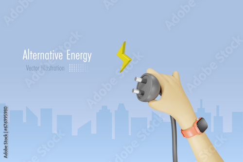 Hand unplug electric cord. Sustainable environment to save energy and nature protection. Rechargeable, ecology and earth hour concept. 3D cartoon vector.