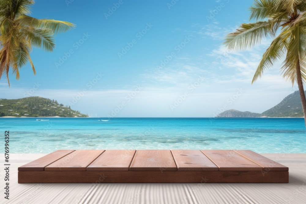 Fototapeta premium Wooden podium on the beach with trees and blue sky vacation background.